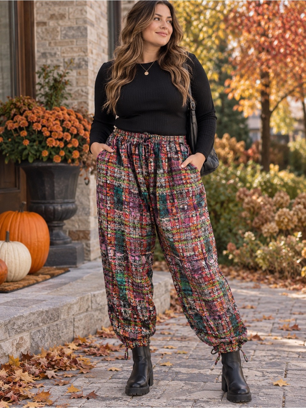 Multicolor Cotton Harem Pants XL Drawstring Boho Jogger